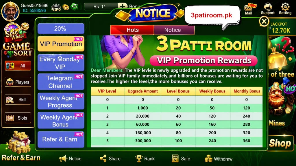 3Patti Room VIP Promotion Rewards screen showing a table of VIP levels 0 to 5 with upgrade amounts ranging from 0 to 300,000 and corresponding level, weekly, and monthly bonuses.