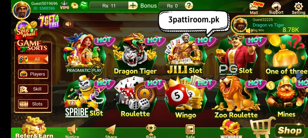 3Patti Room app main lobby showing multiple casino games including Dragon Tiger, JILI Slot, PG Slot, Roulette, Wingo, Zoo Roulette, Mines, and Spribe Slot on a green themed interface.