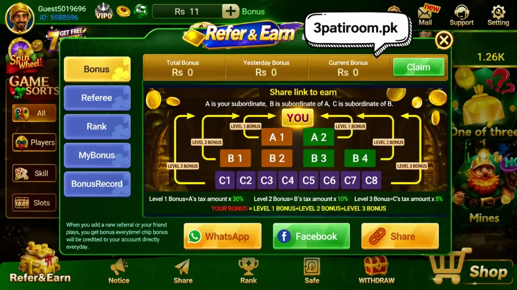 This shows the Refer & Earn section of 3patiroom.pk. It's a multi-level referral bonus system. Here's how it works: