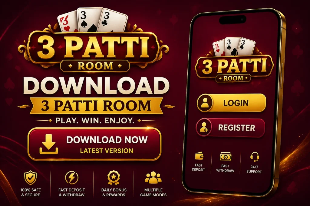 Download 3Patti Room APK image with maroon background, gold design, download button, and mobile screen showing login and register options.