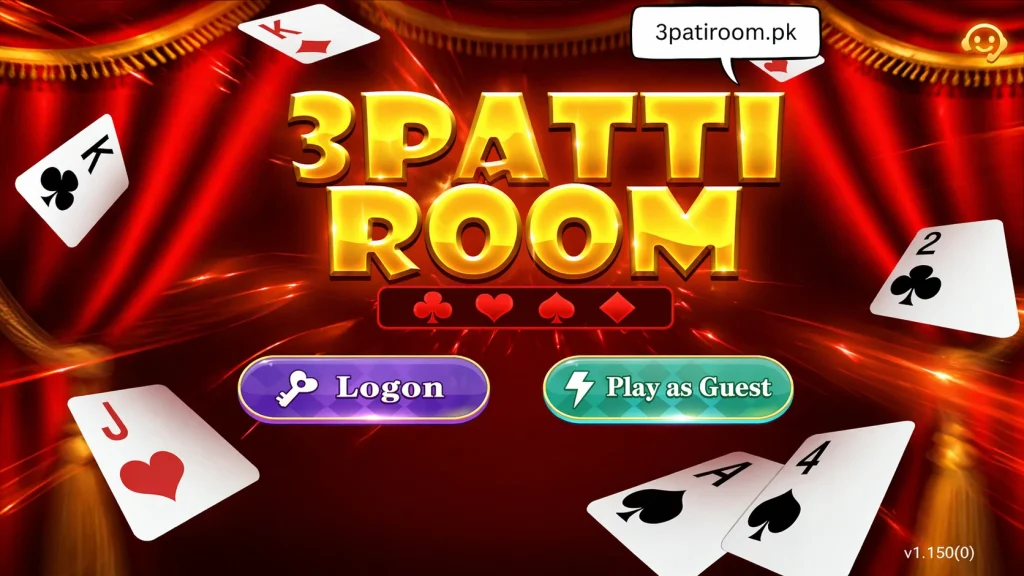 3Patti Room app splash/login screen with red curtain background, playing cards, and two buttons — Logon and Play as Guest.