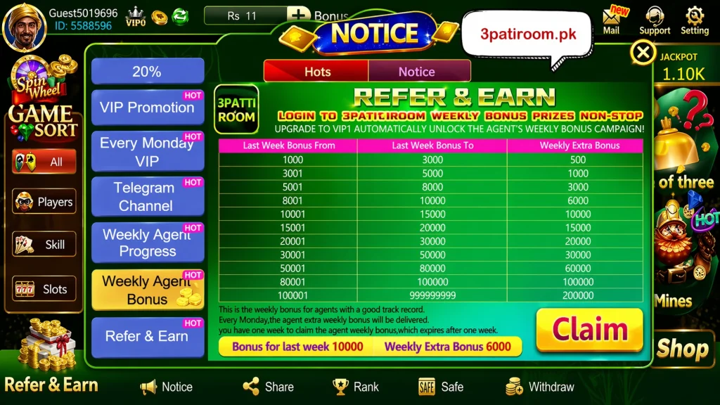 3Patti Room Refer & Earn screen showing Weekly Agent Bonus table where last week's referral bonus ranges from 1000 to 100000+ with extra weekly bonuses from 500 to 200000.