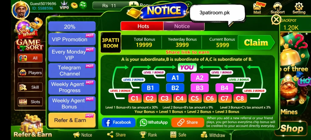 3Patti Room app screen showing a refer and earn bonus system with 3 levels — Level 1 gives 30%, Level 2 gives 9%, and Level 3 gives 3% commission from referrals' losses.