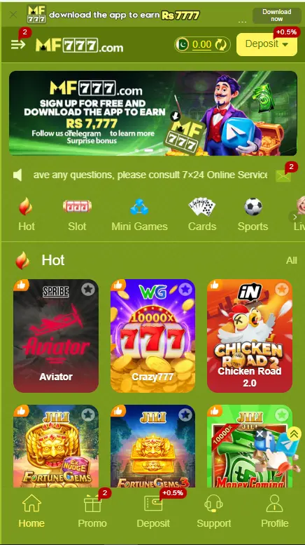 MF777 Game latest version Android home screen showing Hot, Slot, Mini Games, Cards, and Sports categories