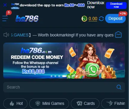 HE786 game homepage showing the HE786 logo, deposit button, promotional banner, search bar, and game category navigation.