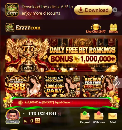 E7777 Game homepage showing download banner, E7777.com branding, promotions, bonus offers, and deposit and withdrawal options.