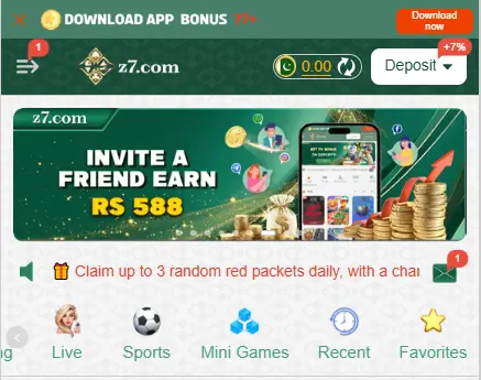 Z7 Game Android app homepage with deposit, bonus, invite, and gaming options
