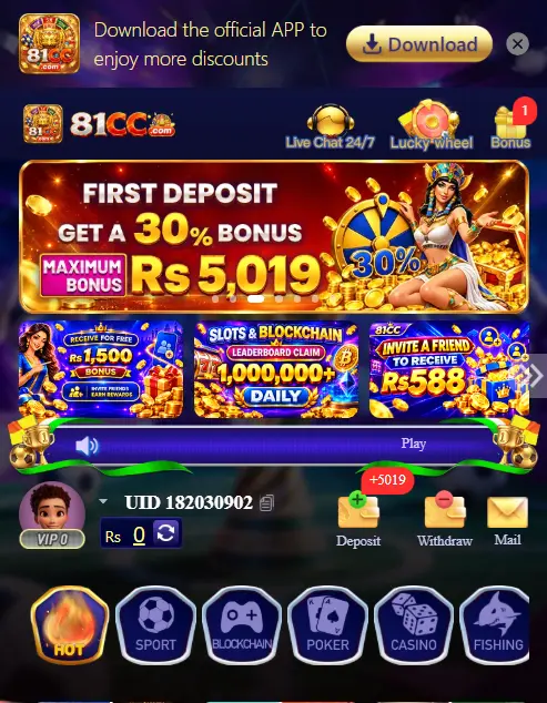 81CC game app home screen showing first deposit bonus, live chat, lucky wheel, and gaming categories