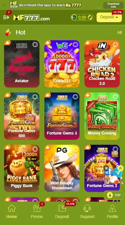 MF777 Game home screen showing hot casino games including Aviator, Crazy777, Chicken Road 2.0, Fortune Gems, Piggy Bank, and Money Coming.