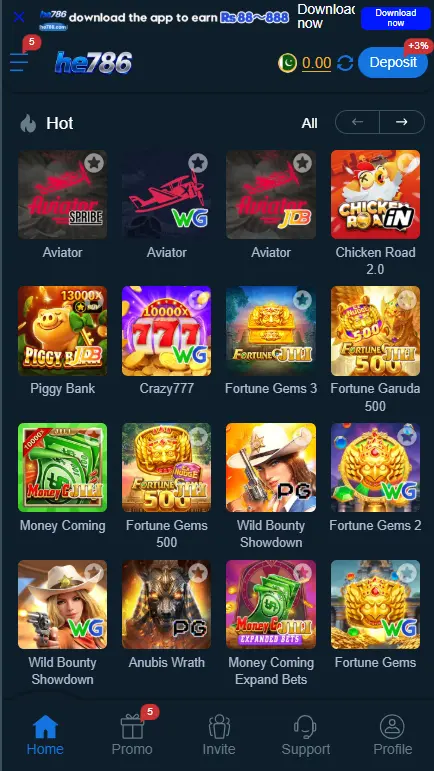 HE786 Games section displaying popular games such as Aviator, Chicken Road 2.0, Piggy Bank, Crazy777, Fortune Gems, Money Coming, and Wild Bounty Showdown.