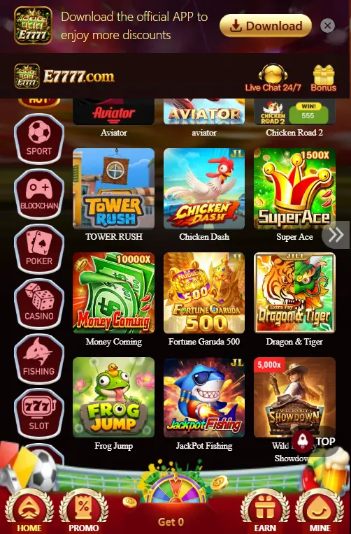 E7777 Game interface displaying sports, blockchain, poker, casino, fishing, and slot categories with multiple featured games.