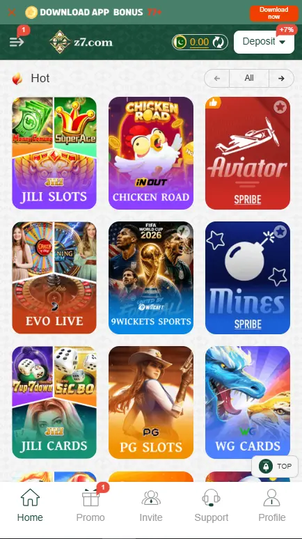 Z7 Game latest version showing slots, Chicken Road, Aviator, sports, and card games