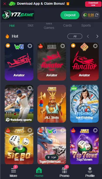 Y77 GAME mobile casino game interface showing Hot games, including Aviator, Sic Bo, Tiger, Ice Fishing, 7up7down, and sports games.