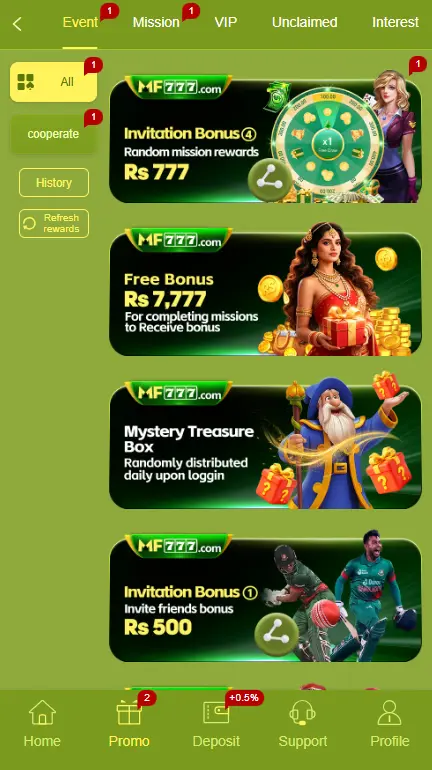 MF777 Game app bonus and mission screen with invitation, free bonus, mystery treasure box, and Rs 500 rewards.
