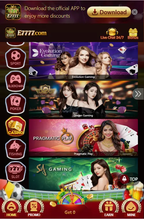 E7777 Game casino section showing Evolution Gaming, Dream Gaming, Pragmatic Play, and SA Gaming banners with navigation menu.