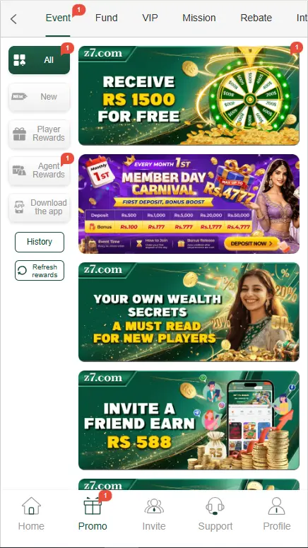 Z7 Game promotional rewards page showing deposit bonuses, VIP rewards, and referral offers