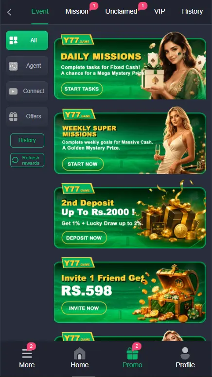 Y77 Game daily missions and weekly rewards page with deposit and invite friend promotions