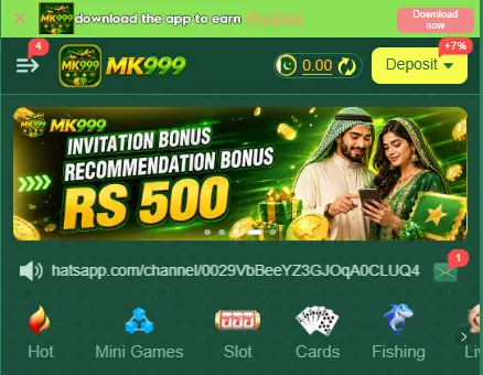MK999 Game app home screen showing a green interface, invitation bonus banner, deposit button, and gaming categories for Pakistani users.