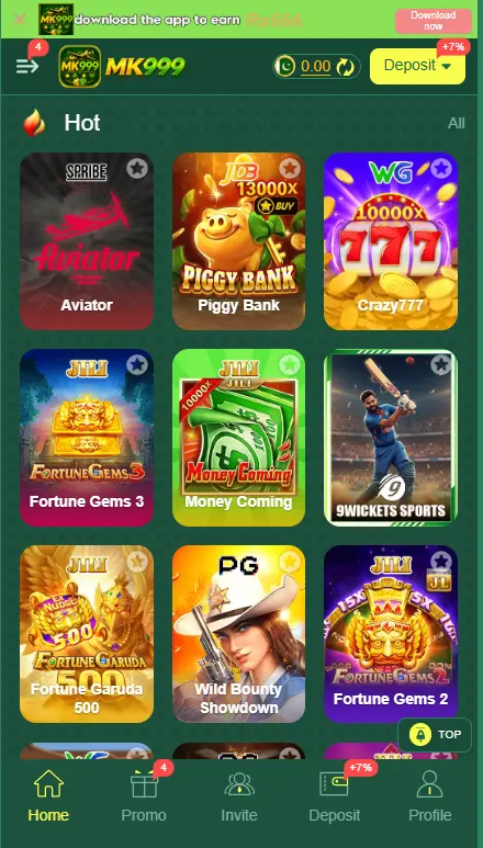 MK999 Game hot games screen featuring Aviator, Piggy Bank, Crazy777, Fortune Gems, Money Coming, and 9Wickets Sports.