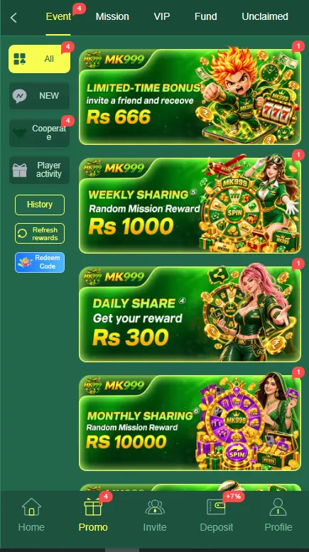 MK999 Game promotion page displaying daily, weekly, and monthly sharing rewards with bonus offers up to Rs 10,000.