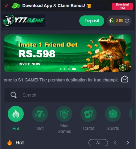 Y77 Game app home screen showing games, deposit button, search bar, and promotional banner